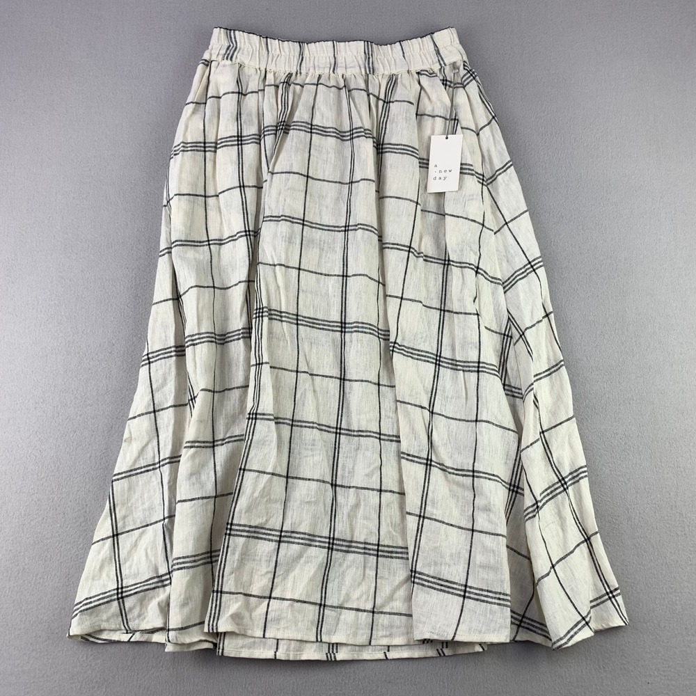 a new day Midi Skirt Womens Medium Off-White Plaid Linen Rayon Blend Cottagecore